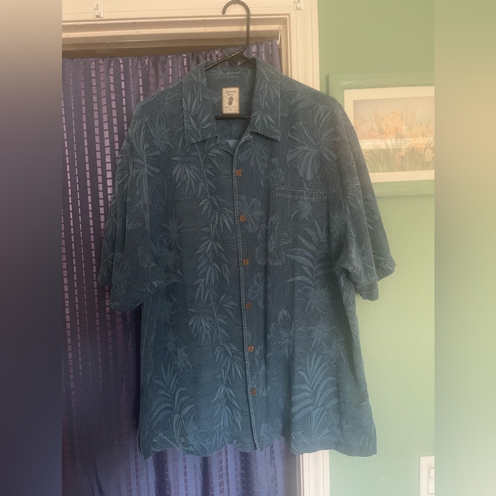 Jamaica Jaxx 100% Silk Shirt Mens XL Blue Palm Tree Print Short Sleeve Button